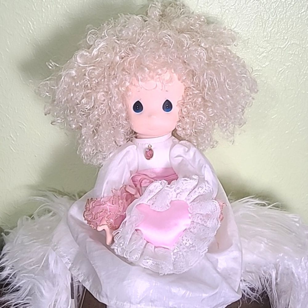 Precious Moments "Emily" Wedding Attire, Big Blonde Curly Hair, 1993 Collectible